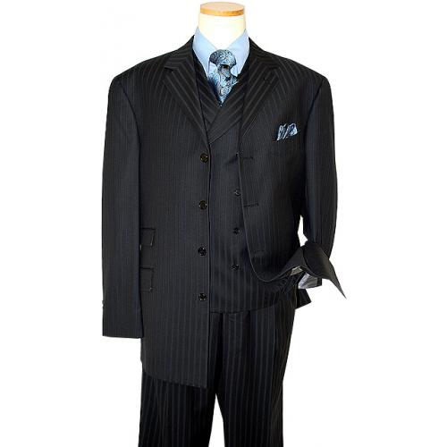 Steve Harvey Collection Black With Sky Blue Pinstripes Super 120's Merino Wool Vested Suit
